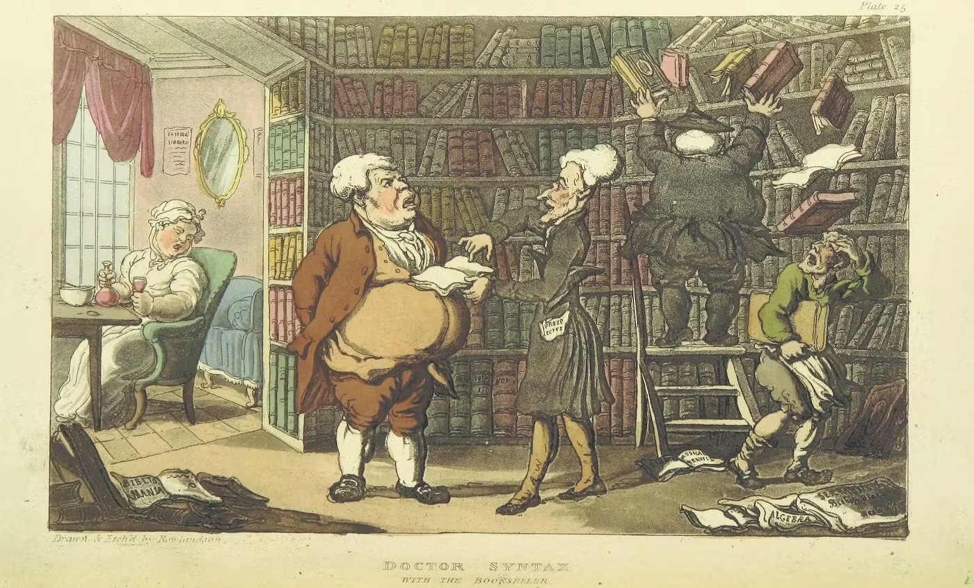 Library Scene - Two Men in whigs and 18th century clothing, discuss a book. A man on a ladder has trouble reaching for the top shelf. A woman looks on.